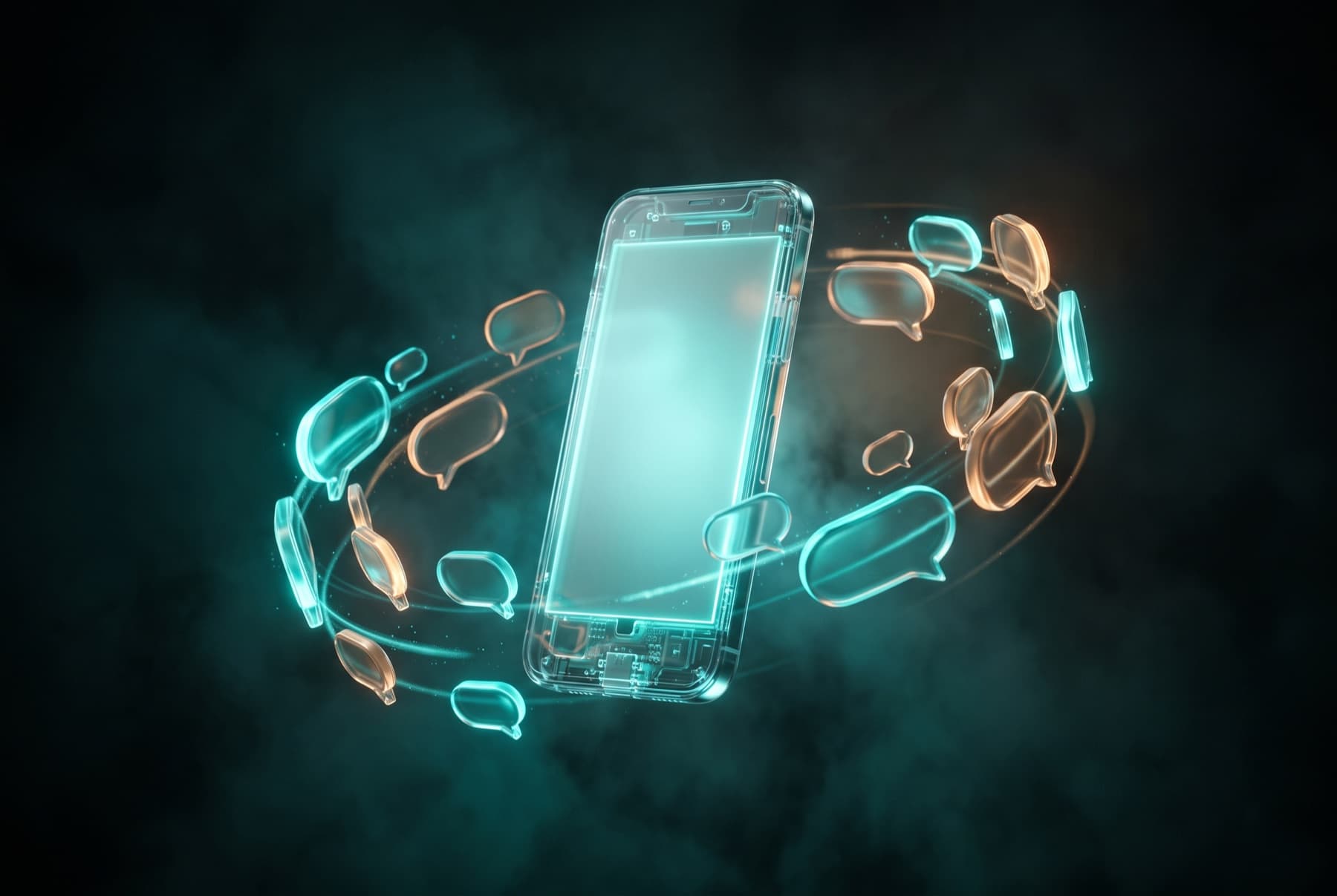 A glass phone surrounded by teal and amber message bubbles