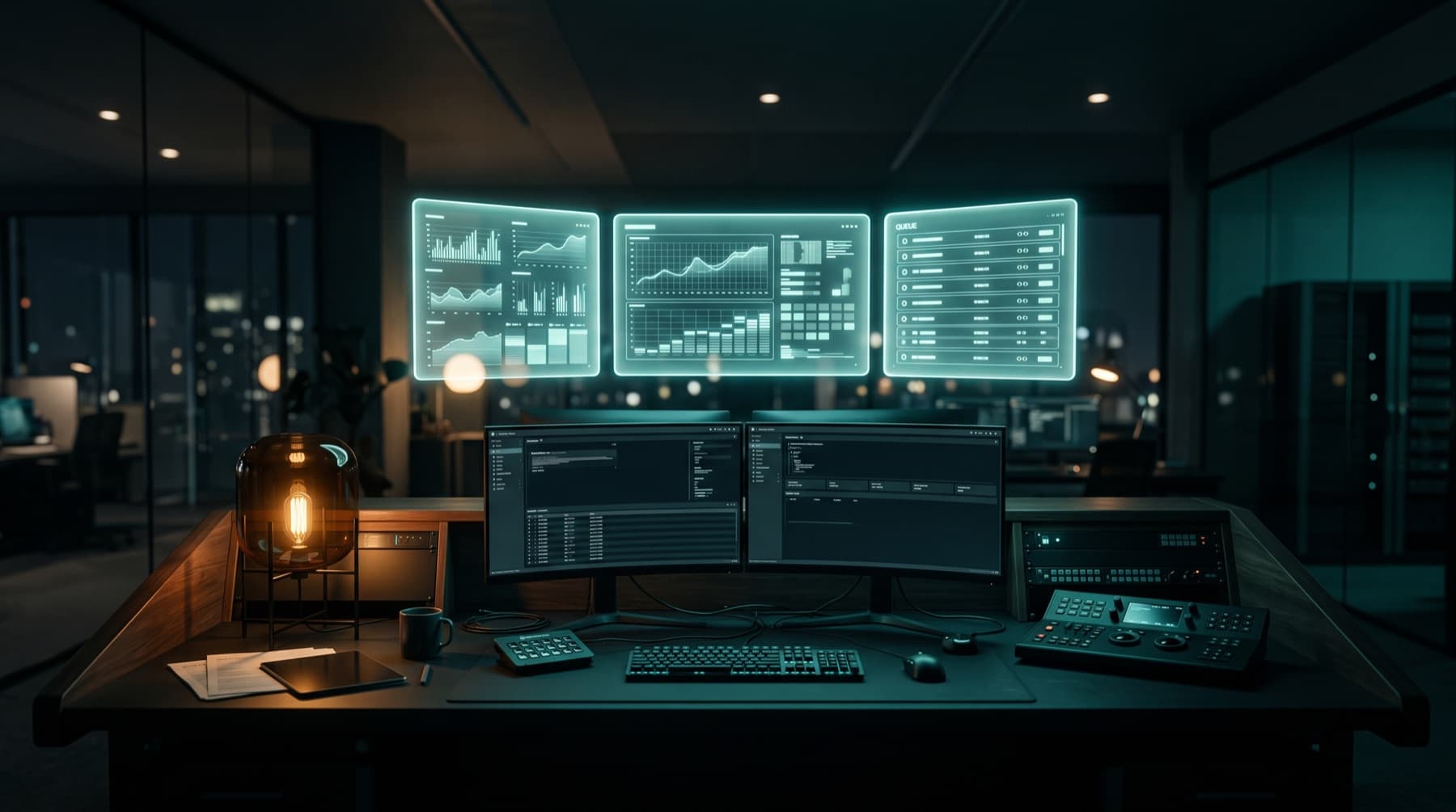 A dark operations desk with translucent teal dashboards