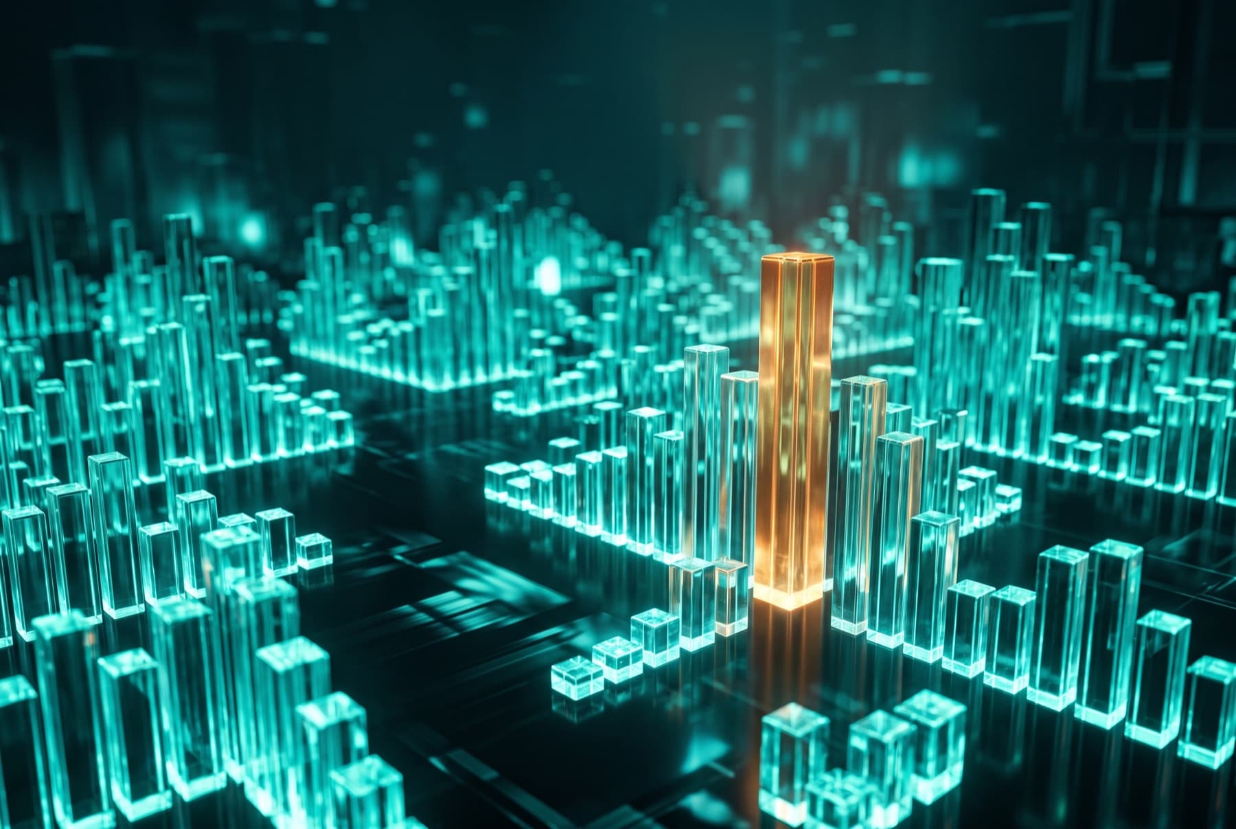 Glowing teal glass bar charts rising from a dark reflective plane