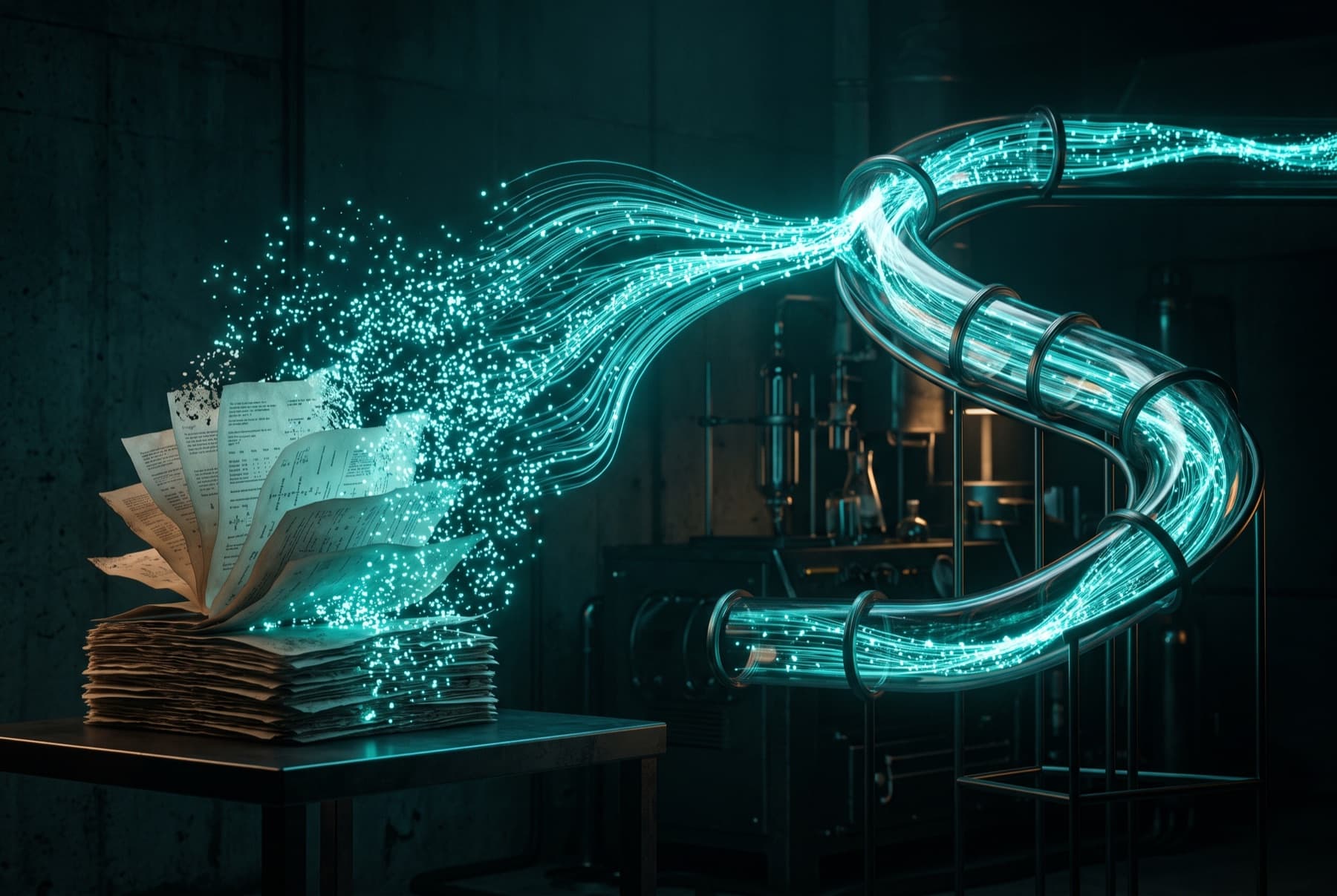 Paper reports dissolving into streams of teal light
