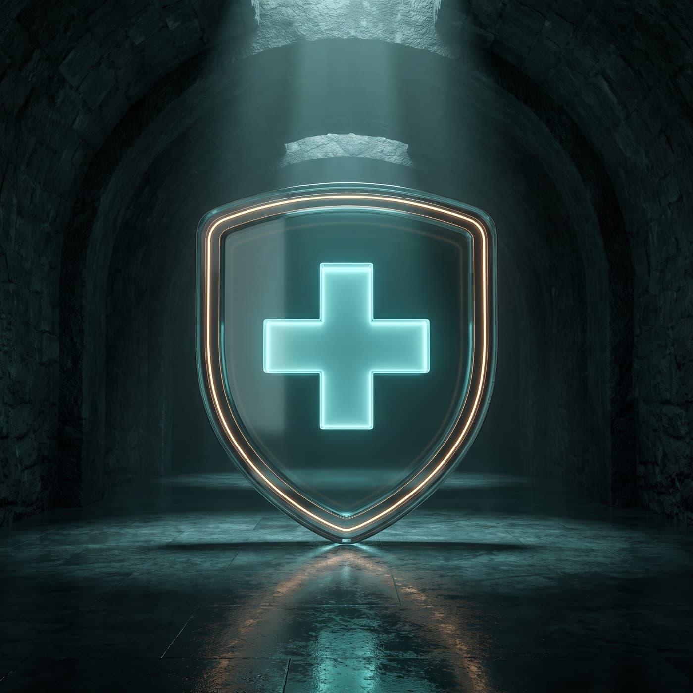 A glass shield emblem glowing softly in a dark vault
