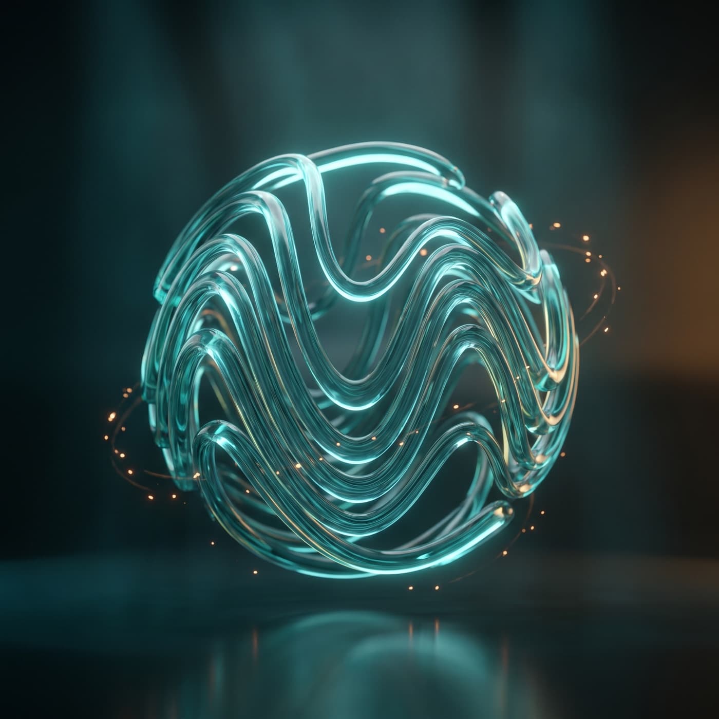 A voice waveform rendered as a sculpture of glowing teal glass ribbons